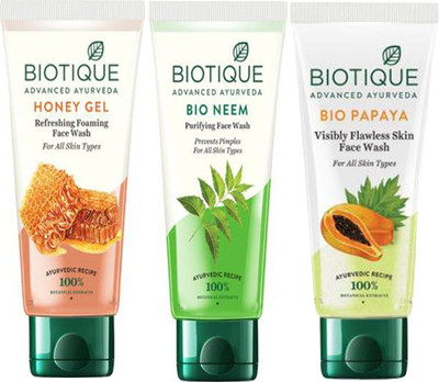 BIOTIQUE Honey Gel_Neem Purifying_Papaya_ pack of 3 each 100g Face Wash(100 g)