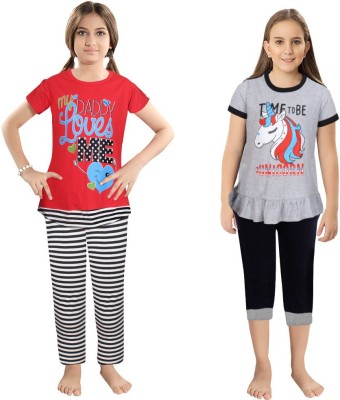 GOKUL FASHION Kids Nightwear Girls Printed Cotton(Grey Pack of 2)