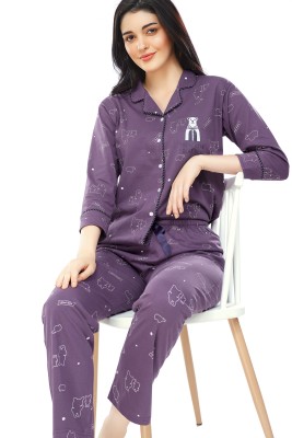 ZEYO Women Animal Print Purple Shirt & Pyjama set