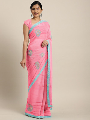 BOVTY Printed Bollywood Silk Blend Saree(Pink)
