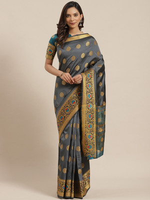 Blissta Printed Banarasi Silk Blend Saree(Grey)
