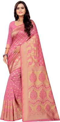 Fancy Fab Woven, Solid/Plain Sambalpuri Silk Blend, Jacquard Saree(Gold, Pink)