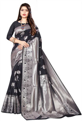 Amrut Collection Woven Banarasi Silk Blend Saree(Black)