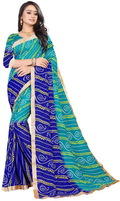 Kanooda Prints Printed Bandhani Georgette Saree(Light Blue)
