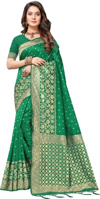 RekhaManiyar Woven Banarasi Silk Blend Saree(Green, Gold)