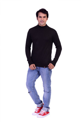 Joe Hazel Self Design Turtle Neck Casual Men Black Sweater