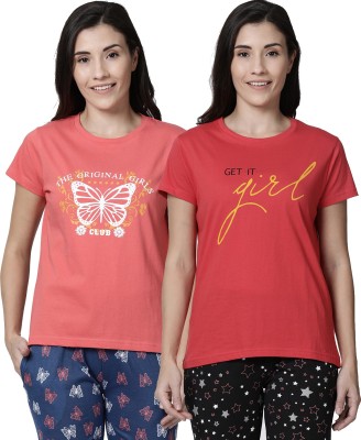 Kryptic Printed Women Round Neck Red, Pink T-Shirt