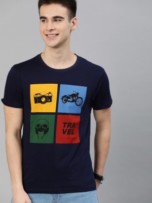 Dufferr Printed Men Round Neck Dark Blue T-Shirt