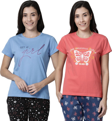 Kryptic Printed Women Round Neck Blue, Orange T-Shirt