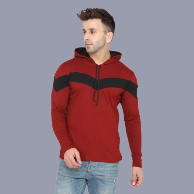 IESHNE LIFESTYLE Colorblock Men Hooded Neck Maroon T-Shirt