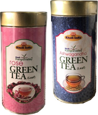 Khadi Kangra Valley Rose and Ashwagandha Green Tea (leaf) Combo- 100g each Rose, Herbs Herbal Tea Tin(2 x 100 g)