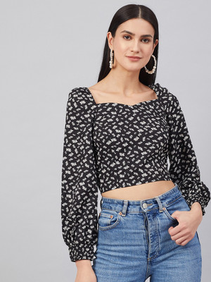 RARE Casual 3/4 Sleeve Printed Women Black Top