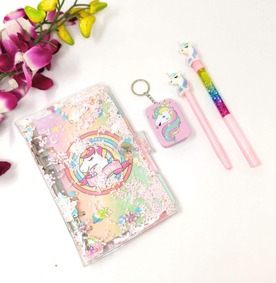 Tera13 (Pack of 4 Items ) Unicorn Planner for Girls Key Ring for Kids Unicorn tin Box Unicorn Glitter Pen Diary with Pen