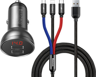 Baseus 57.6 W Qualcomm Certified Turbo Car Charger(Multicolor, With USB Cable)