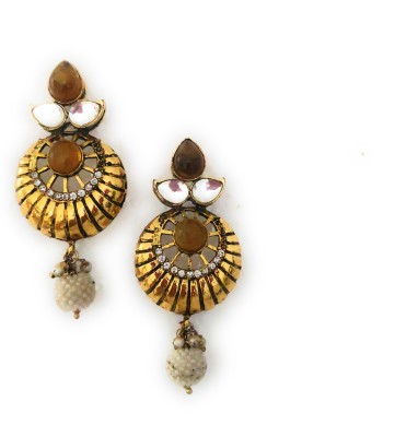 Preet Art Jewellery Antique gold plated oxidised yellow stones crystal,pearl long earrings.. Metal, Crystal Drops & Danglers
