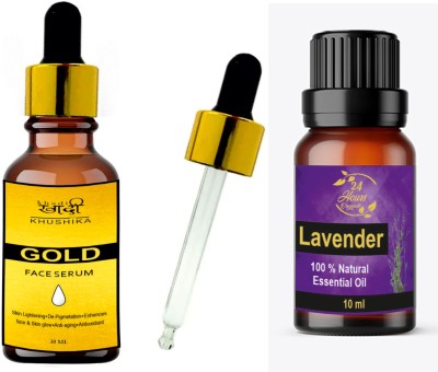 Khadi Khushika Premium Combo Of Lavender Essential Oil and Gold Serum || Lavender Essential Oil For Anxiety \ Reomve Dark Circles \Fungal Infections \ Reduce Depression \ Recover Hair Loss || Gold Serum use For Dark Circle Removal \ Face Glowing \ Age Defying \ Skin Whitening \ Pigmentation \ Radian