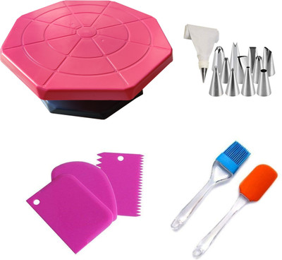 Gabani fashion Plastic Cake Tools Decorating 360 Round Easy Rotate Turntable Revolving Cake Decorating Turntable Stand, 28cm 12 Piece Cake Decorating Set Frosting Icing Piping Bag Tips with Steel Nozzles Reusable & Washable ,Silicone Spatula and Pastry Brush Set Special for Cake Mixer, Cooking, Baki