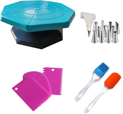 Gabani fashion Plastic Cake Tools Decorating 360 Round Easy Rotate Turntable Revolving Cake Decorating Turntable Stand, 28cm 12 Piece Cake Decorating Set Frosting Icing Piping Bag Tips with Steel Nozzles Reusable & Washable ,Silicone Spatula and Pastry Brush Set Special for Cake Mixer, Cooking, Baki