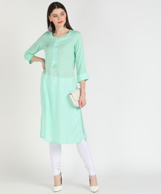 RANGRITI Women Striped Straight Kurta(Green)