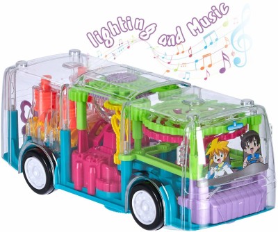 Toyvala Multifunctional Gear Light Bus Toy with Mechanical Gears Simulation,Transparent Body,3D Lights,Different Types of Music, Horn &Engine Starting Sound,360-degree Rotation for +3 Years(Multicolor)