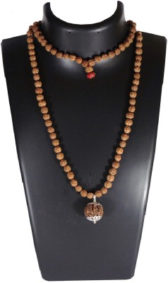 SHIVOHAM 3 Mukhi Guru Mani / Bead (5 Mukhi Jal Doob Rudraksha Mala) German Silver Cap Wood Necklace