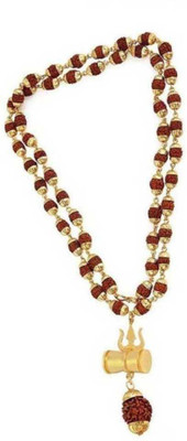 Cyan spritual Religious Jewelry Lord Shiv 10mm Puchmukhi Rudraksha Damru Locket With Puchmukhi Rudraksha Mala (8MM 36Beads) Gold-plated Plated Wood Chain Gold-plated Plated Brass Chain