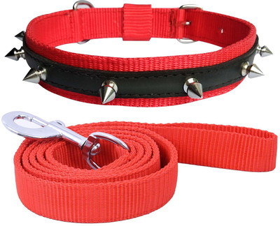 BODY BUILDING Dog Belt Combo of 1 inch Red Spike Collar with Red Leash Specially for Medium Breeds Dog Collar & Leash(Medium, Red Spike Collar & Red Leash)