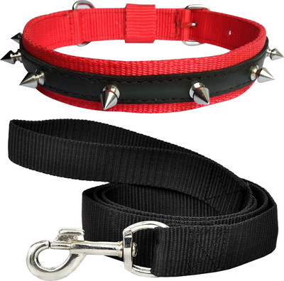 PEDIGONE Dog Belt Combo of 1 inch Red Spike Collar with Black Leash Specially for Medium Breeds Dog Collar & Leash(Medium, Red Spike Collar & Black Leash)