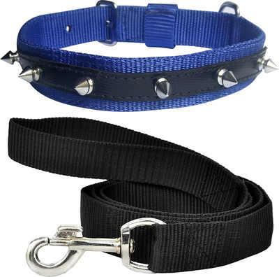 BODY BUILDING Dog Belt Combo of 1 inch Blue Spike Collar with Black Leash Specially for Medium Breeds Dog Collar & Leash(Medium, Blue Spike Collar & Black Leash)