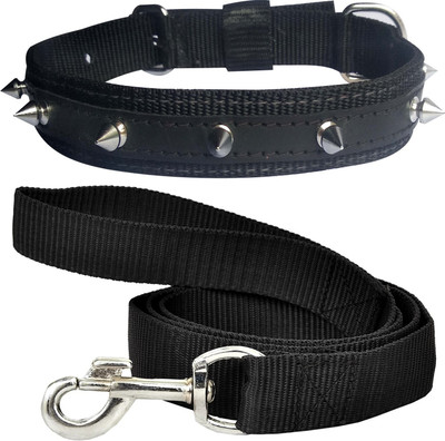 BODY BUILDING Dog Belt Combo of 1 inch Black Spike Collar with Black Leash Specially for Medium Breeds Dog Collar & Leash(Medium, Black Spike Collar & Black Leash)