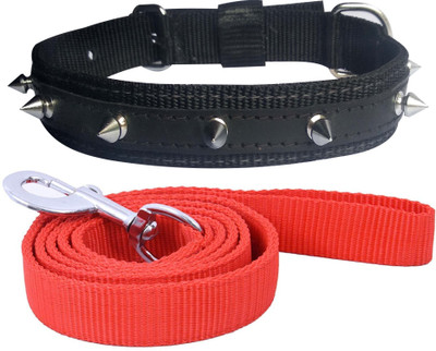 BODY BUILDING Dog Belt Combo of 1 inch Black Spike Collar with Red Leash Specially for Medium Breeds Dog Collar & Leash(Medium, Black Spike Collar & Red Leash)
