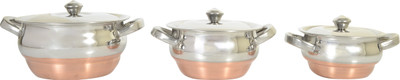 Redific 3pc Copper Bottom Stainless Steel Multipurpose Cook & Serve Handi/Dish/Donga/Bowl/Box/Kitchen Food Storage Containers/Tiffin/Lunch Box Set (Copper Handi) Cookware 3 piece gift Set induction and gas stove compitable (Stainless Steel Handi Non stick, 3 - Piece WITH LID AND HANDLE) Handi 1.5 L,