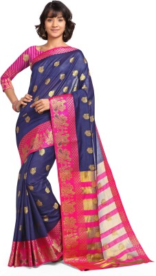 FABMORA Woven Banarasi Cotton Silk Saree(Dark Blue)