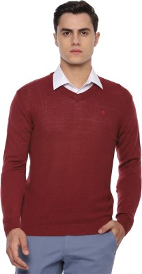 LOUIS PHILIPPE Solid V Neck Casual Men Maroon Sweater