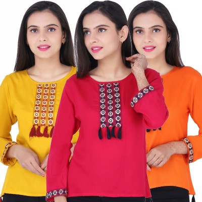 Sushil Garments Casual 3/4 Sleeve Embroidered Women Multicolor Top