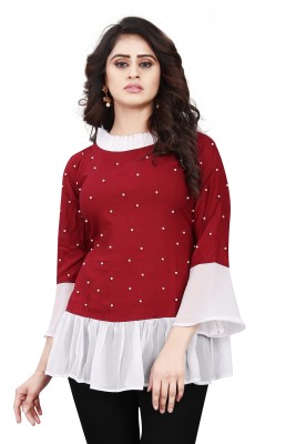 BHAVANI CREATION Formal 3/4 Sleeve Embroidered Women Red Top