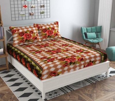 Temoli 180 TC Polyester King Floral Fitted (Elastic) Bedsheet(Pack of 1, FLOWER BROWN)