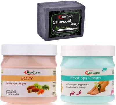 BIOCARE Charcoal Soap 50gm, Body Massage Cream 500gm with Foot Spa Cream 500gm(3 Items in the set)