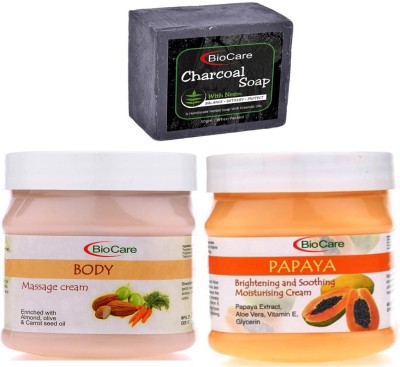 BIOCARE Charcoal Soap 50gm, Body Massage Cream 500gm with Papaya Cream 500gm(3 Items in the set)