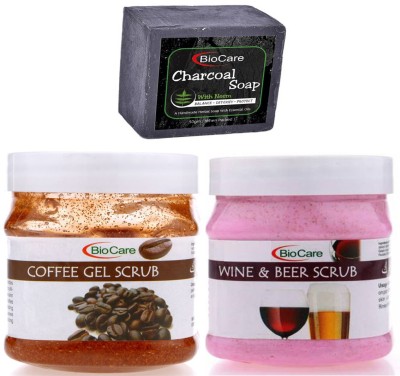 BIOCARE Charcoal Soap 50gm, Coffee Gel Scrub 500gm with Wine & Beer Scrub 500gm(3 Items in the set)