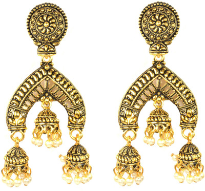 Frolics India Designer Golden Multiple Jhumki Hangings White Pearl Golden Alloy Drops & Danglers