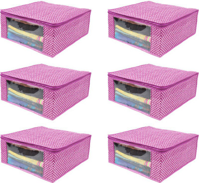 PrettyKrafts Cotton Quilted Large Sari Cover Bag / wardrobe organizer with transparent window, Pack of 6, F1283_Cot_Pink6(Pink)