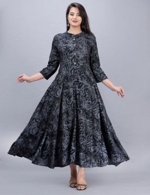 Nandi Women Printed A-line Kurta(Black)