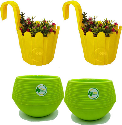 Oshi Greens Fence Hook designer planters for outdoor balcony table top self watering pots Plant Container Set(Pack of 4, Plastic)