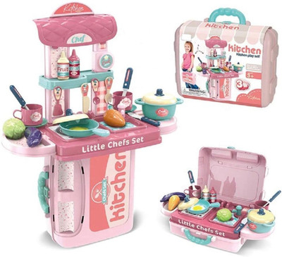 VRUX 3 in 1 Pretend to Play Little Chef's Kitchen Set with Portable Suitcase Design Kitchen Set for Girls