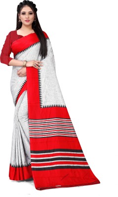 Dori Striped Daily Wear Cotton Blend Saree(White)