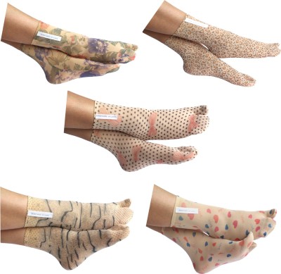 HF LUMEN Thin Net Skin Tiger Printed Fine Nylon Thumb Socks For Women Printed Mid-Calf/Crew(Pack of 5)