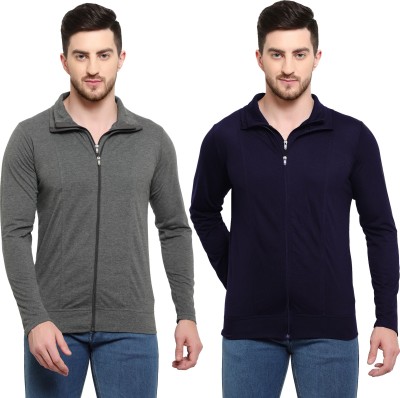 Adorbs Solid Men Polo Neck Dark Blue, Grey T-Shirt