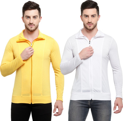 Adorbs Solid Men Polo Neck White, Yellow T-Shirt