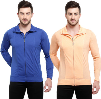 Adorbs Solid Men Polo Neck Blue, Orange T-Shirt